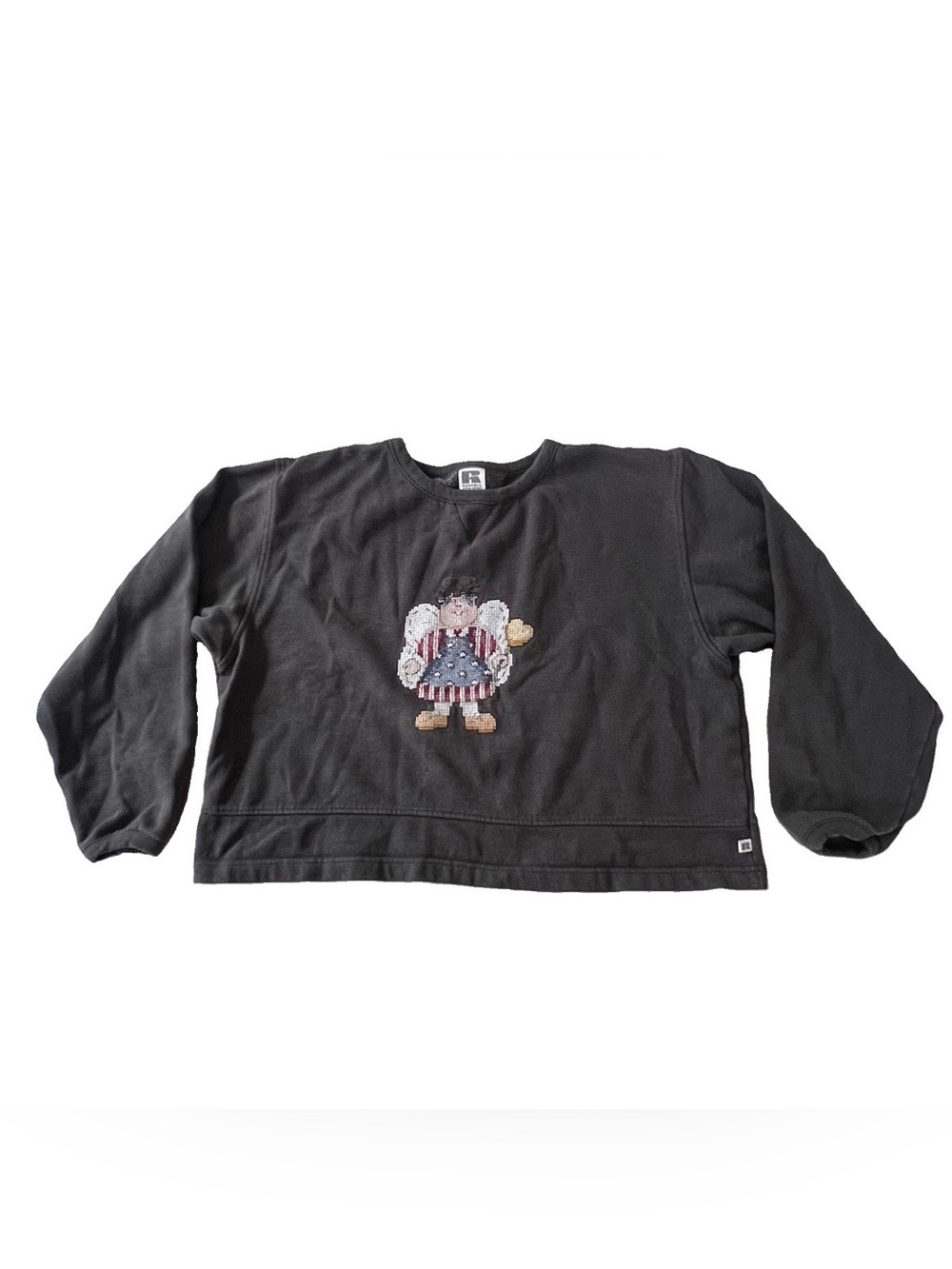 Vintage Russell Athletic Cross Stitch Angel Sweatshirt Gray Crewneck Americana